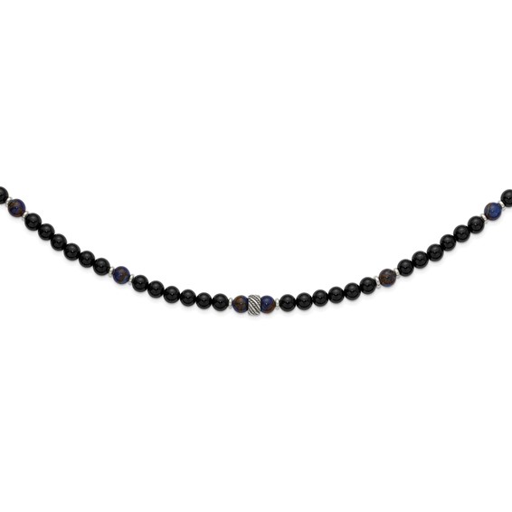 Stainless Steel Polished Antiq Blue Gold/Black Onyx Bead 22in Necklace