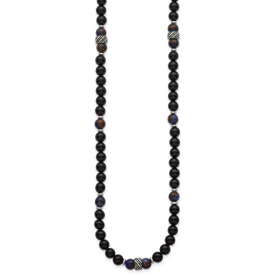 Stainless Steel Polished Antiq Blue Gold/Black Onyx Bead 22in Necklace