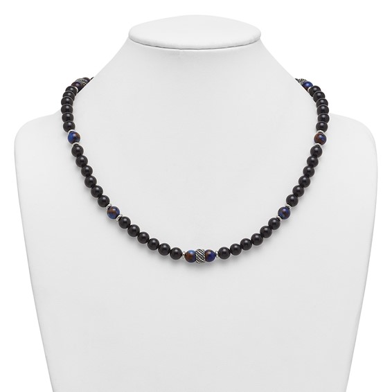 Stainless Steel Polished Antiq Blue Gold/Black Onyx Bead 22in Necklace