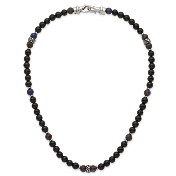 Stainless Steel Polished Antiq Blue Gold/Black Onyx Bead 22in Necklace