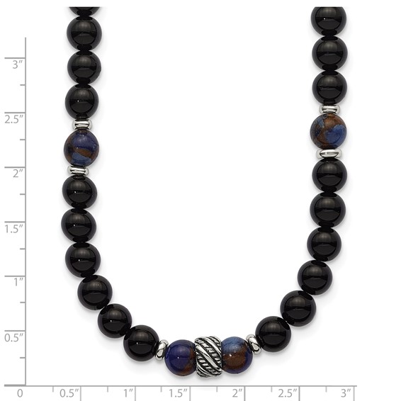 Stainless Steel Polished Antiq Blue Gold/Black Onyx Bead 22in Necklace