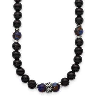 Stainless Steel Polished Antiq Blue Gold/Black Onyx Bead 22in Necklace