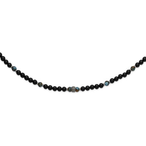 Stainless Steel Polished Antiq Lt Blue Gold/Black Onyx Bead 22in Necklace