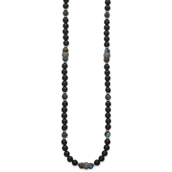 Stainless Steel Polished Antiq Lt Blue Gold/Black Onyx Bead 22in Necklace
