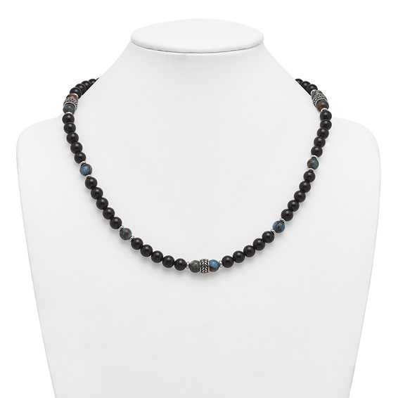 Stainless Steel Polished Antiq Lt Blue Gold/Black Onyx Bead 22in Necklace