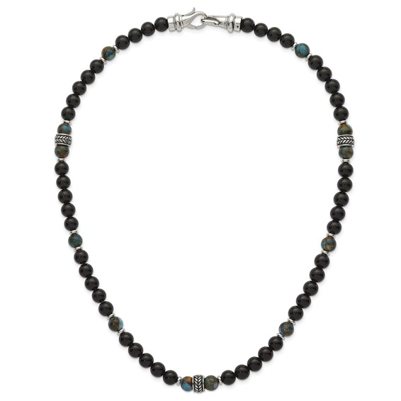 Stainless Steel Polished Antiq Lt Blue Gold/Black Onyx Bead 22in Necklace