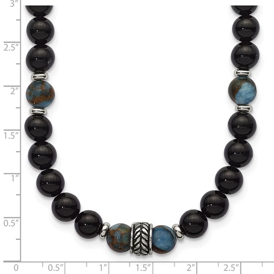Stainless Steel Polished Antiq Lt Blue Gold/Black Onyx Bead 22in Necklace