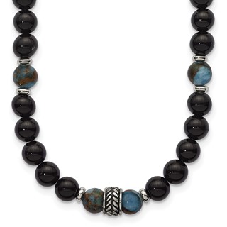 Stainless Steel Polished Antiq Lt Blue Gold/Black Onyx Bead 22in Necklace