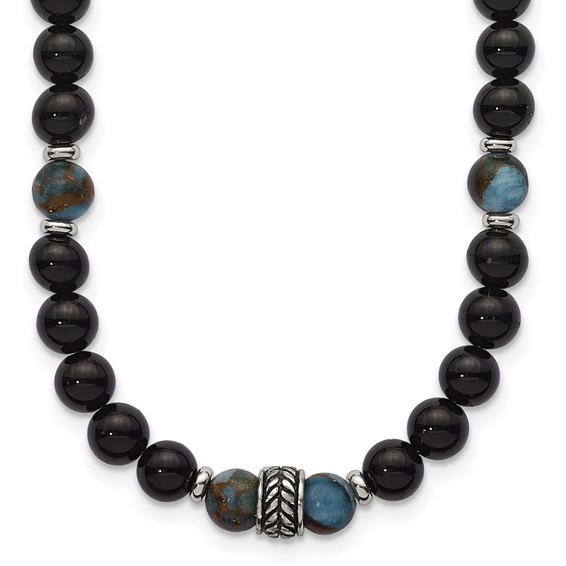 Stainless Steel Polished Antiq Lt Blue Gold/Black Onyx Bead 22in Necklace