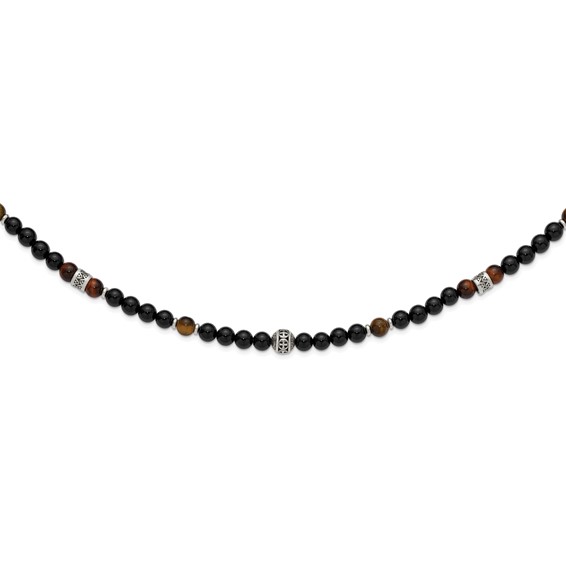 Stainless Steel Polished Tiger's Eye and Black Onyx 22in Necklace