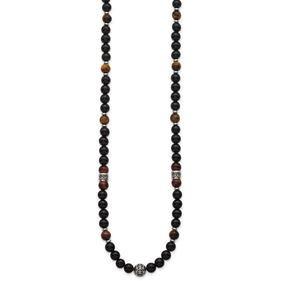 Stainless Steel Polished Tiger's Eye and Black Onyx 22in Necklace