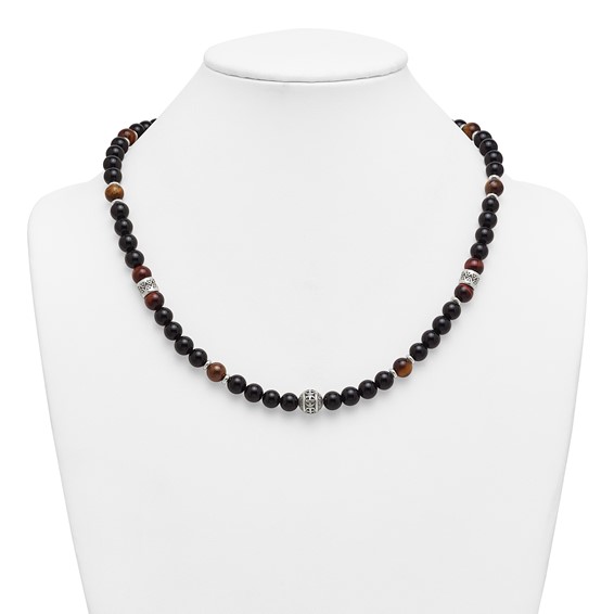 Stainless Steel Polished Tiger's Eye and Black Onyx 22in Necklace