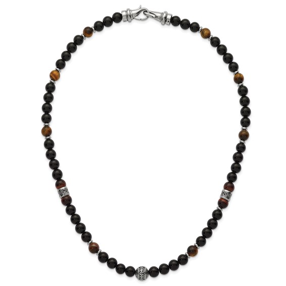 Stainless Steel Polished Tiger's Eye and Black Onyx 22in Necklace