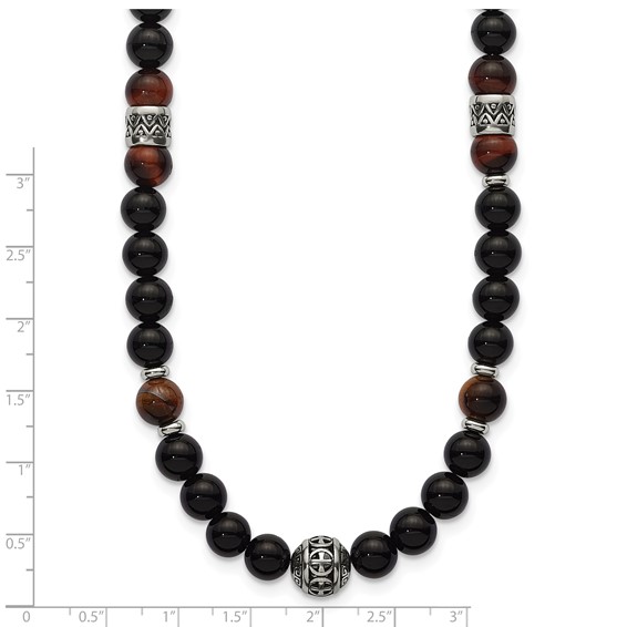 Stainless Steel Polished Tiger's Eye and Black Onyx 22in Necklace
