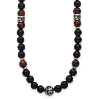 Stainless Steel Polished Tiger's Eye and Black Onyx 22in Necklace