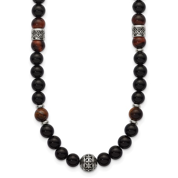 Stainless Steel Polished Tiger's Eye and Black Onyx 22in Necklace