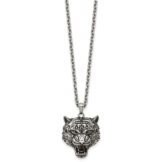Stainless Steel Antiqued and Polished Tiger's Head 24in Necklace