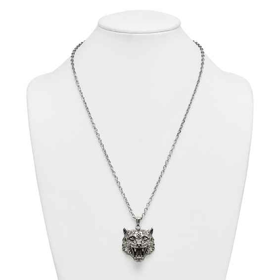 Stainless Steel Antiqued and Polished Tiger's Head 24in Necklace