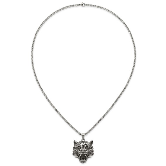 Stainless Steel Antiqued and Polished Tiger's Head 24in Necklace