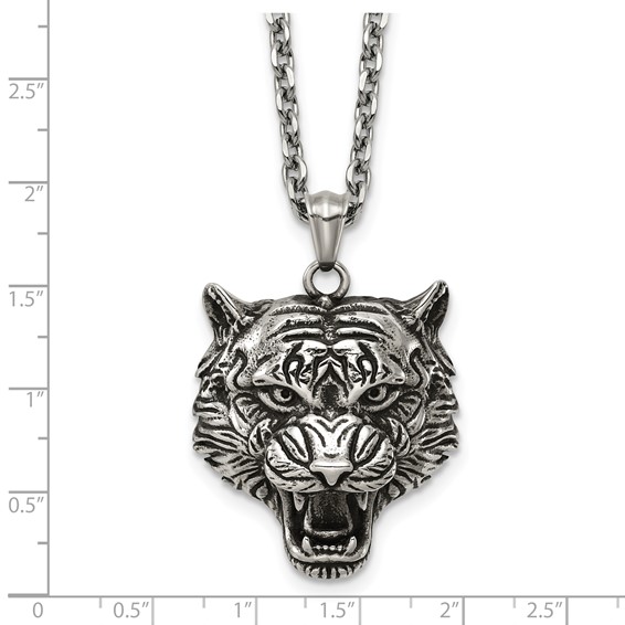 Stainless Steel Antiqued and Polished Tiger's Head 24in Necklace