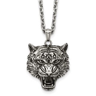 Stainless Steel Antiqued and Polished Tiger's Head 24in Necklace