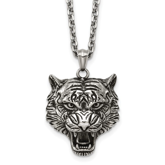 Stainless Steel Antiqued and Polished Tiger's Head 24in Necklace