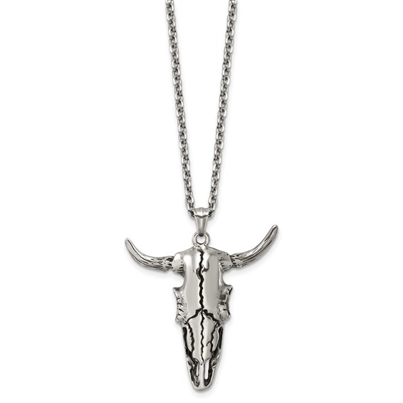 Stainless Steel Antiqued and Polished Bull Skull 24in Necklace