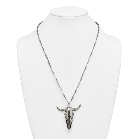 Stainless Steel Antiqued and Polished Bull Skull 24in Necklace