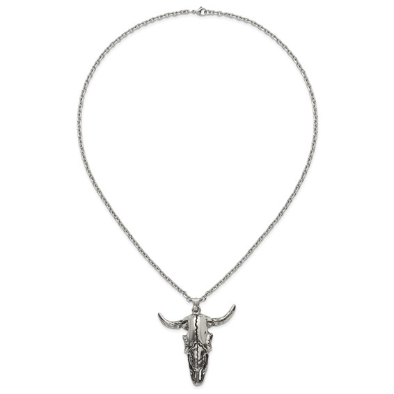 Stainless Steel Antiqued and Polished Bull Skull 24in Necklace