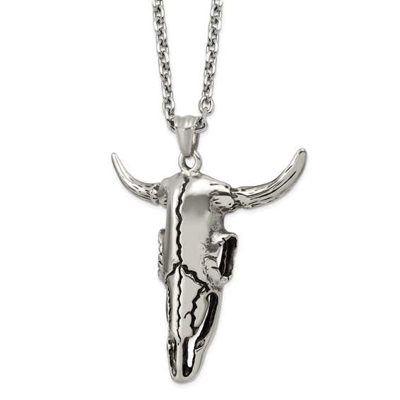 Stainless Steel Antiqued and Polished Bull Skull 24in Necklace