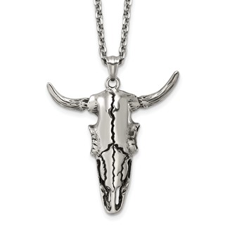 Stainless Steel Antiqued and Polished Bull Skull 24in Necklace