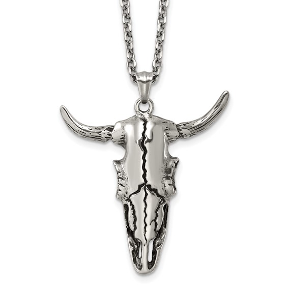 Stainless Steel Antiqued and Polished Bull Skull 24in Necklace