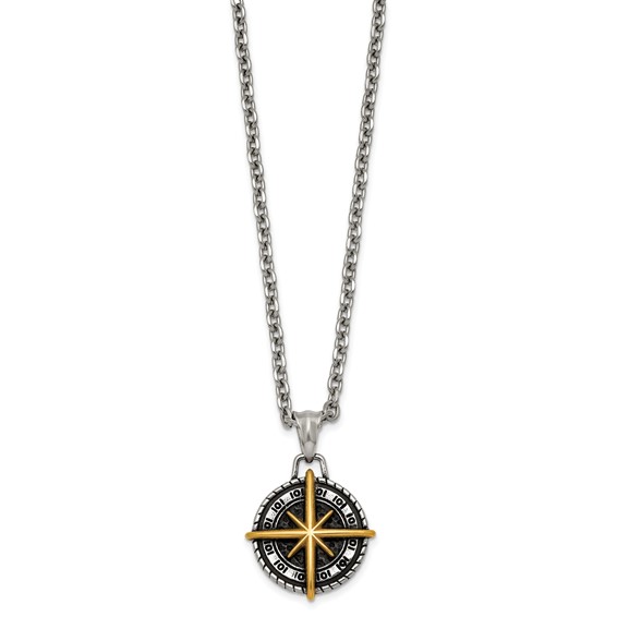 Stainless Steel Antiqued Polished Yellow IP-plated Compass 24in Necklace