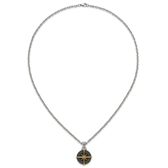 Stainless Steel Antiqued Polished Yellow IP-plated Compass 24in Necklace