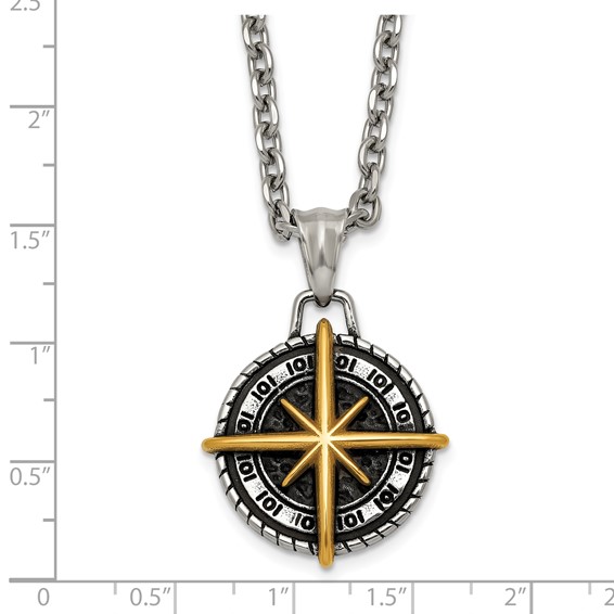 Stainless Steel Antiqued Polished Yellow IP-plated Compass 24in Necklace