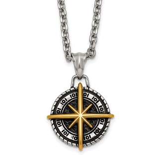 Stainless Steel Antiqued Polished Yellow IP-plated Compass 24in Necklace