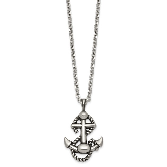 Stainless Steel Antiqued and Polished Anchor with Rope 24in Necklace