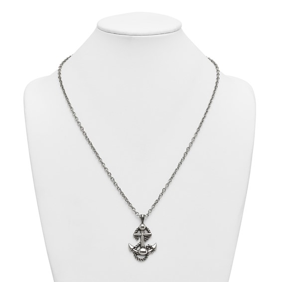 Stainless Steel Antiqued and Polished Anchor with Rope 24in Necklace