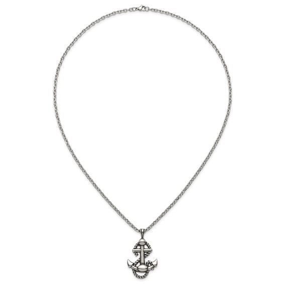 Stainless Steel Antiqued and Polished Anchor with Rope 24in Necklace
