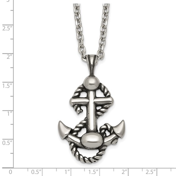 Stainless Steel Antiqued and Polished Anchor with Rope 24in Necklace