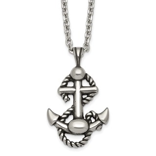 Stainless Steel Antiqued and Polished Anchor with Rope 24in Necklace