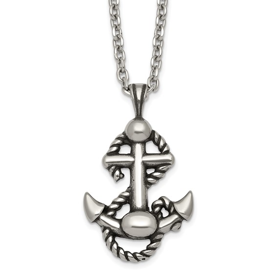 Stainless Steel Antiqued and Polished Anchor with Rope 24in Necklace