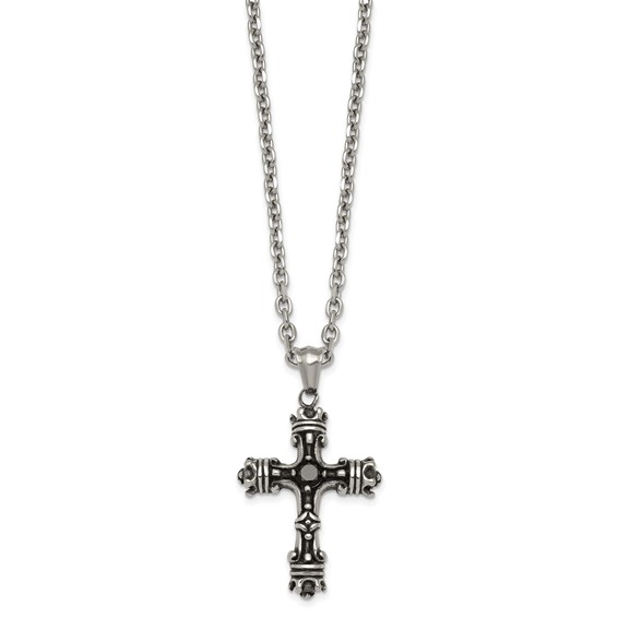 Stainless Steel Antiqued and Polished with Black CZ Cross 24in Necklace