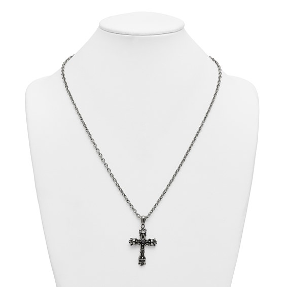 Stainless Steel Antiqued and Polished with Black CZ Cross 24in Necklace