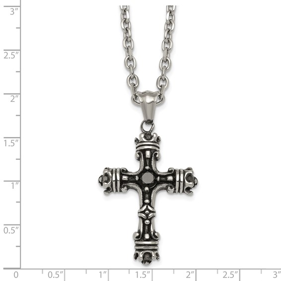 Stainless Steel Antiqued and Polished with Black CZ Cross 24in Necklace