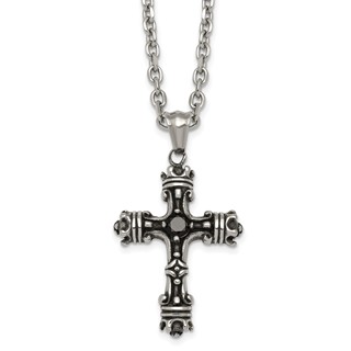 Stainless Steel Antiqued and Polished with Black CZ Cross 24in Necklace