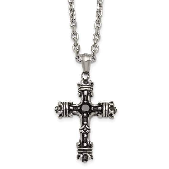 Stainless Steel Antiqued and Polished with Black CZ Cross 24in Necklace