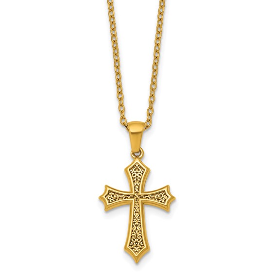 Stainless Steel Polished Yellow IP-plated 20 in w/2 in ext. Cross Necklace