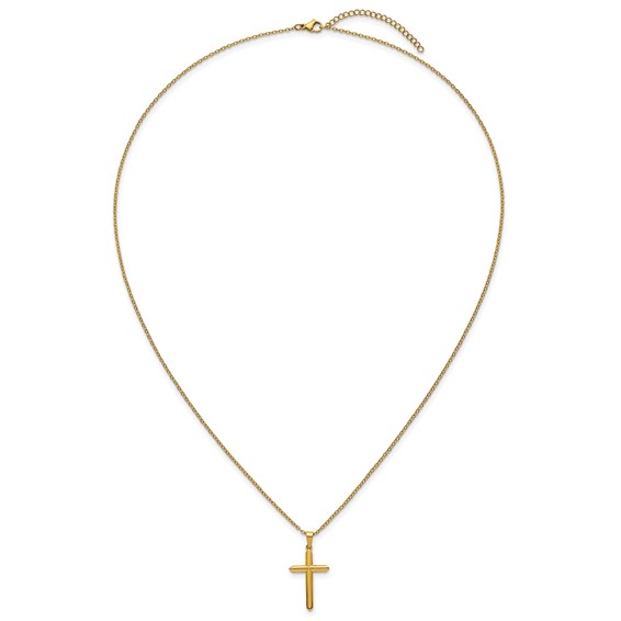 Stainless Steel Polished Yellow IP-plated 24 in w/2 in ext. Cross Necklace