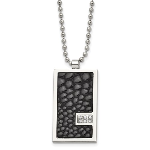 Chisel Stainless Steel Polished Stingray Texture Imitation Leather 0.10 Carat Diamond Pednant on a Ball Chain Necklace, 24"